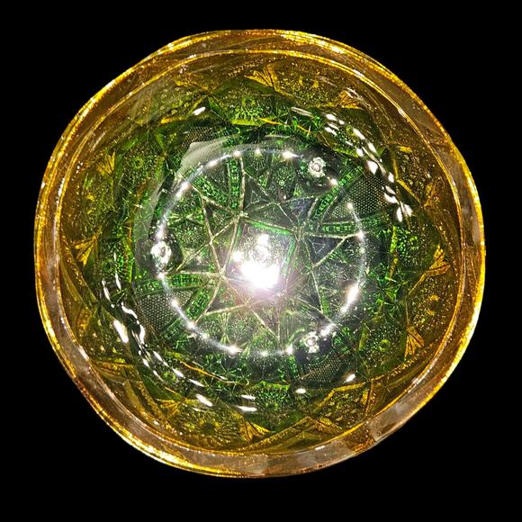 Vintage Green & Amber Pressed Glass Bowl Daisy Button Starburst 7" Footed - Picture 2 of 5